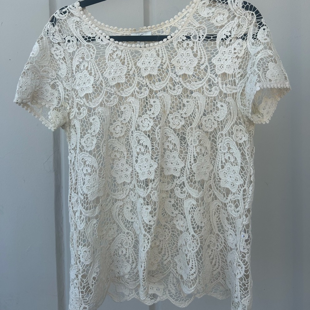 Joie cream lace short sleeve cut out top size S